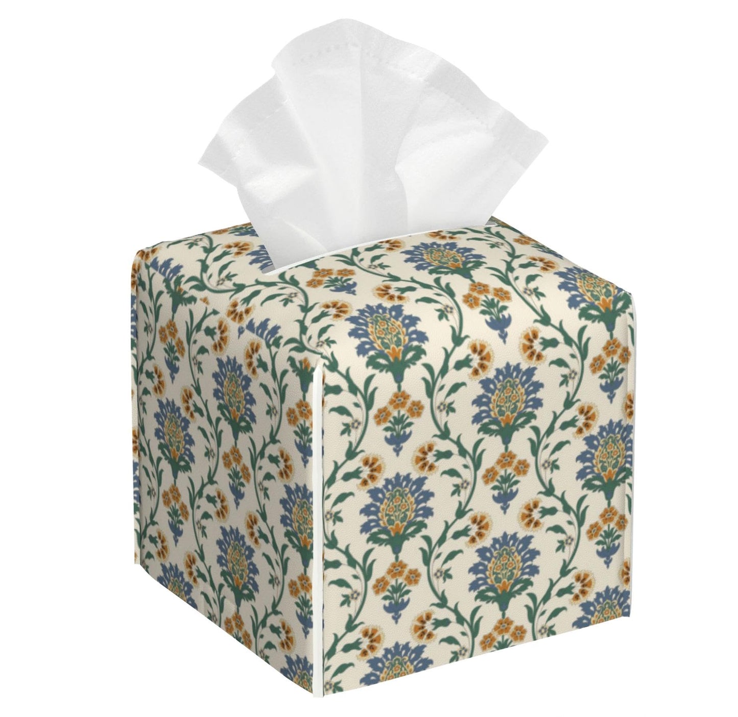 Turkish Motifs Tissue Box Cover Square,Tissue Box Holder with Belt Bottom,Stylish Leather Napkin Holder for Vanity Countertop,Nightstands,Office Desk,5.2"×5.2"×5.2"