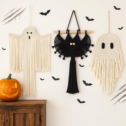 Remagr 3 Pcs Halloween Macrame Ghost Bat Wall Decor Handmade Ghost Wall Hanging Halloween Boho Decorations, Spooky Season Decor for Home Decorations