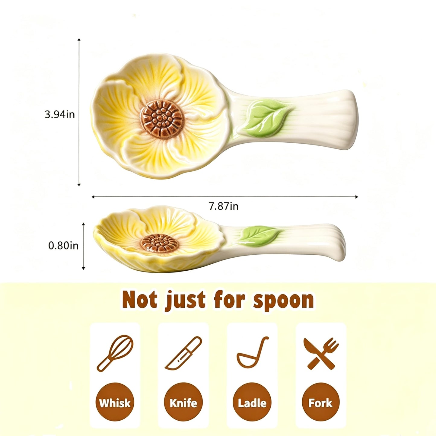 2 Pack Flower Ceramic Spoon Rest, Cute Spoon Holder for Stove Top & Kitchen Counter, Cooking Utensil Ladle Spatula Rest, Kitchen Decor, Ideal Housewarming & Birthday Gift
