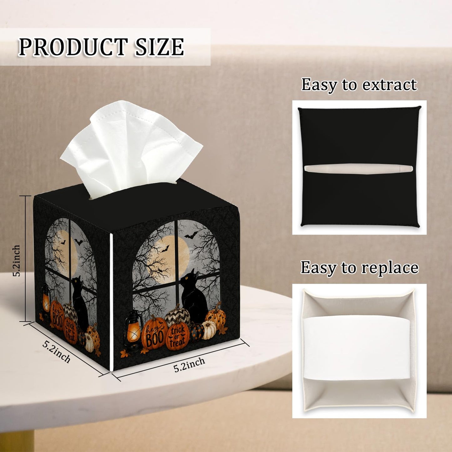 Halloween Black Cat Tissue Box Cover Square, Halloween Desk Decor Cube Tissue Box Holder, Autumn Tabletop Decor Leather Facial Paper Organizer Dispenser for Bathroom Home Night Stand Living Room/27