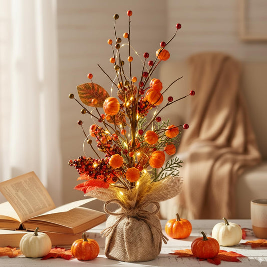 Pinkunn Fall Centerpieces for Tables Decorations 16 Inch Lighted LED Autumn Tree Top with Artificial Pumpkins Berries Leaf Burlap Base Thanksgiving Fall Decor for Home Harvest Office Desk Indoor