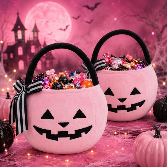 RattanView 2 Pack Halloween Pumpkin Candy Bucket Pink Lantern Treat Bag 8 x 6.3 Inch Trick or Treat Basket with Embroidered Face Striped Bow Handle for Halloween Costume Accessories Candy Gift Bag