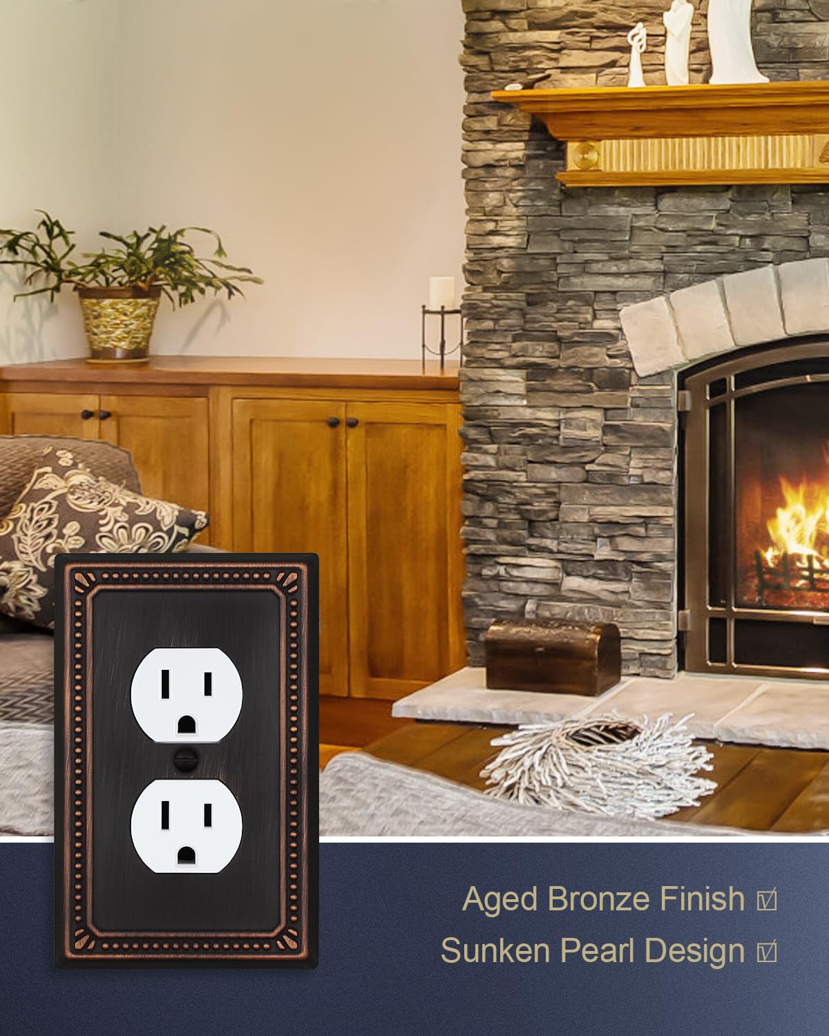 ZILLSEA Metal Wall Plates, Switch Plates and Outlet Covers, Decorative Pearl Design (1 Duplex 4PK, Aged Bronze, Midsize)