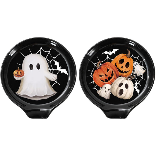 JarThenaAMCS 2Pcs 4.7inch Halloween Spoon Rest Black White Orange Ghost Pumpkin Small Coffee Spoon Holder for Halloween Bar Coffee Station Accessories