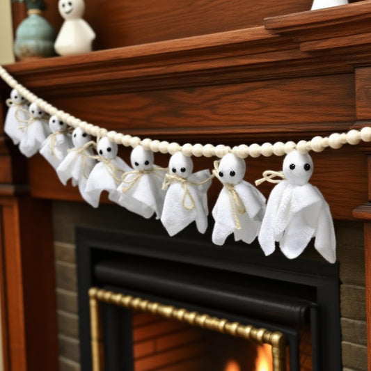 KIMPOK 8Ft Halloween Banner Garland with Cute White Ghosts & Wooden Beads, Handmade Rustic Halloween Decor for Wall, Indoor & Outdoor, Doorways & Mantel Decoration