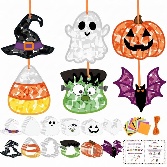 Feifeiya 24 Set Halloween Suncatcher Crafts with Tissue Paper DIY Stained Glass Effect Sun Catcher Kit Make Your Own Halloween Crafts Hanging Ornaments for Window Activity Creative Projects