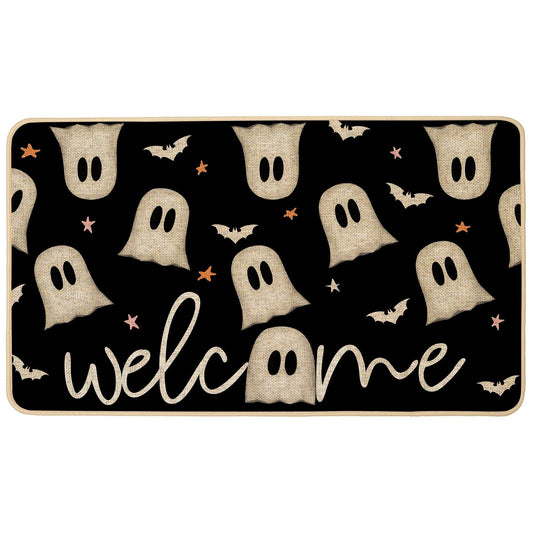 Baccessor Halloween Ghost Doormat Outdoor Outside,Black Funny Ghost Bats Front Door Mat Non Slip Rubber Welcome Entrance Floor Mat for Fall Holiday Indoor Decor 17x29 Inch(Black)