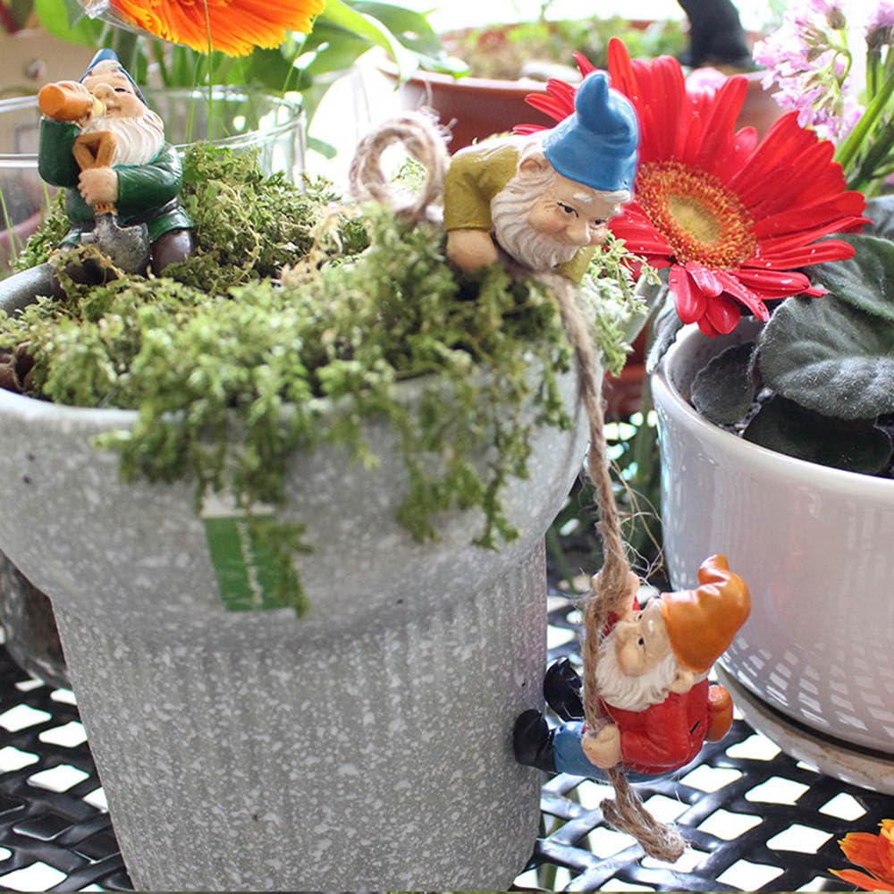 OJTNELDT Garden Gnome Figurines Set of 4, Resin Fairy Garden Gnomes with Rope, Funny Outdoor Plant Pot Decorations for Succulents, Terrariums, Miniature Garden, Patio & Indoor Planters