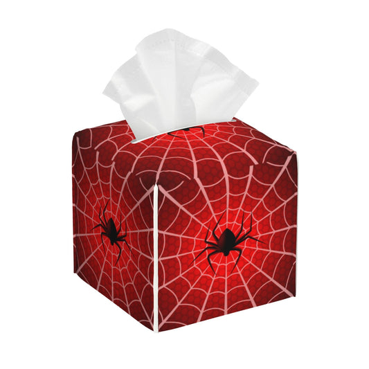 BLYKVGHQ Spider Web Tissue Box Cover Square, Tissue Box Holder with Bottom Belt Leather Facial Paper Organizer Dispenser for Bathroom Bedroom Dresser Night Stand Tabletop