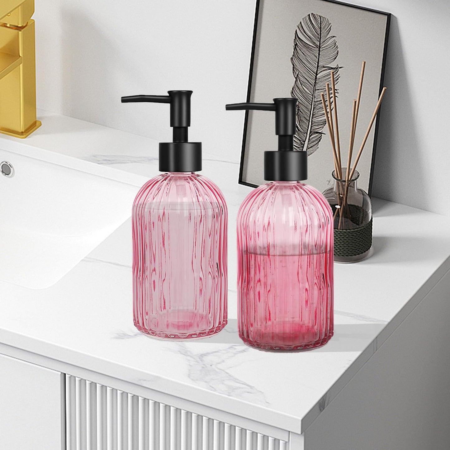 YTDTKJ Pink Glass Soap Dispenser Set with Black Plastic Pump, 400ml/13oz Refillable Liquid Hand Soap Dispenser, Kitchen Dish Soap dispensers for Lotion, Shower & Shampoo, Home, Hotel (2 Pack)