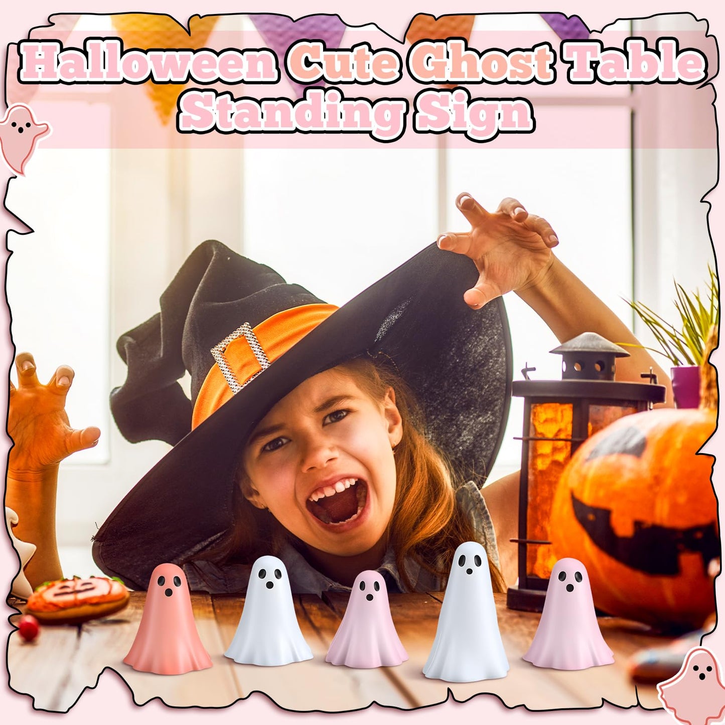Amyhill 5 Pcs Halloween Ghost Figurine Resin Ghost Sculpture Statue Cute Halloween Decorations Spooky Tiered Tray Decor for Indoor Home Table Centerpieces Party Kitchen Tabletop Shelf (Cute,Pink)
