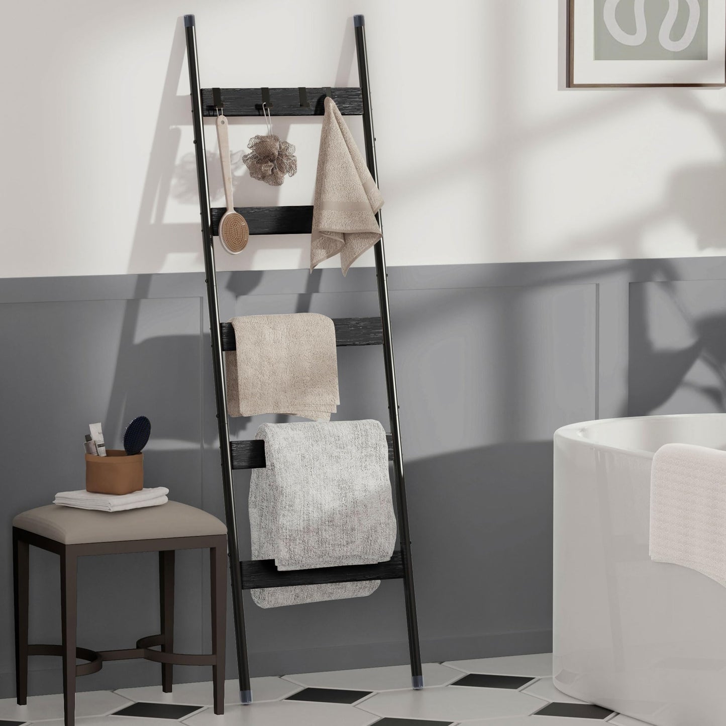 Blanket Ladder, 5-Tier Towel Holder with 4 Removable Hooks, Farmhouse Wall Leaning Decorative Rack Shelf, Wooden Towel Display Rack, Quilt Ladder for Living Room, Bedroom, Black