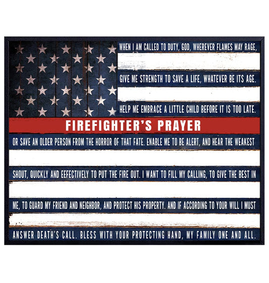 Firefighters Prayer Patriotic Flag Art Print - Rustic Vintage Wall Art Poster - Shabby Chic Home Decor for Man Cave, Office, Bedroom, Living Room - Gift for Firemen, First Responder, EMS - 8x10 Photo