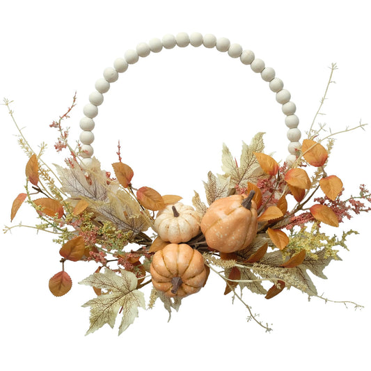 Autumn Wood Bead Pumpkin Fall Wreath for Front Door, 16" Pumpkin and Berries Wreath for Farmhouse Wall Thanksgiving, Fall Season Decor