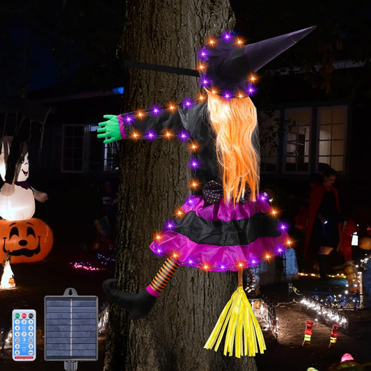 ILLUMINEW Halloween Decorations, Solar Witch Large Crashing Witch into Tree Outdoor Decor, Lighted Flying Witch for Tree, Yard, Patio, Porch Outdoor Decoration (Orange Purple)