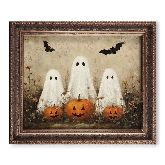 OFlyDesigns Rustic Country Ghost Print, Ghosts Pumpkins Bats Wall Decor, Vintage Style Ghost Wall Art, Old Fashioned Cottage Halloween Decor, Halloween Living Room Wall Art (11 x 14 inch)
