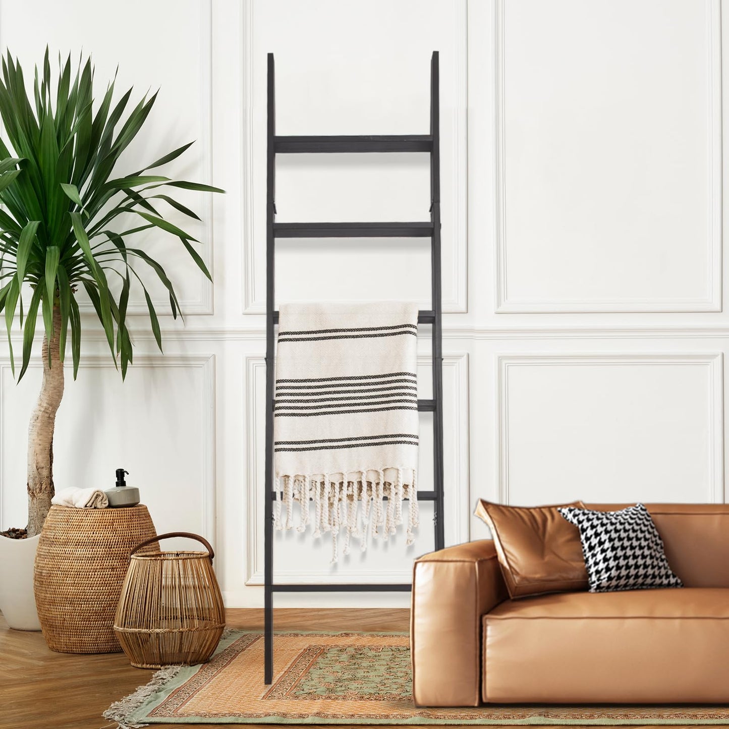 HYBDAMAI 6-Tier Blanket Ladder – 5.5 Ft Wall Leaning Quilt Rack, Farmhouse Blanket Storage for Living Room, Bedroom & Bathroom – Rustic Decorative Wooden Towel & Quilt Holder, Easy to Assemble