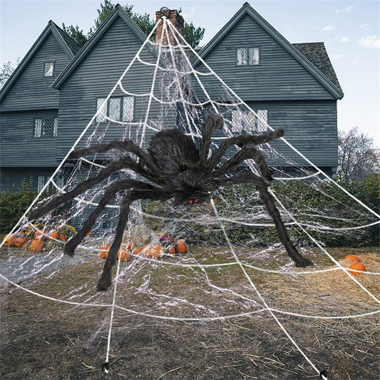 Giant Hairy Spider with Triangle Huge Spider Web for Indoor Outdoor Halloween Decoration Yard Lawn Home Party Haunted House Decor
