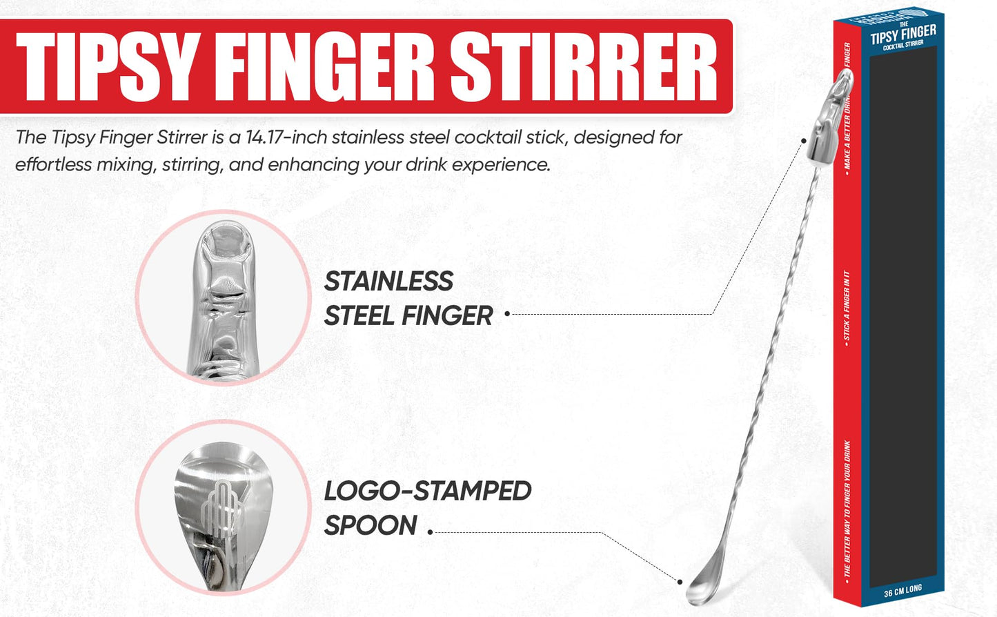 National Finger Company, Finger Cocktail Stirrer, Tipsy Finger, 36 cm, Stainless Steel Life-Size Finger Spoon, Funny Bar Spoon, Novelty Cocktail Stirrer, Gag Gift, Quirky Bar Tool