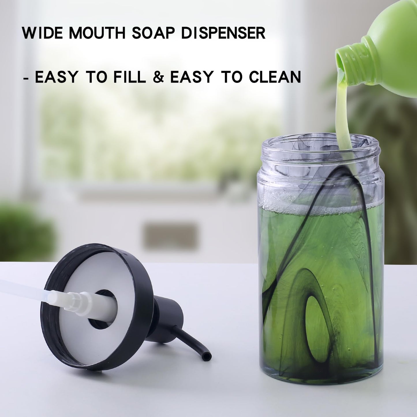 Suanti Soap Dispenser,12.5 Oz Black Moire Wide Open Glass Hand Soap Dispenser, Hand Soap Dispenser for Bathroom & Kitchen, Refillable Black Soap Dispenser with Waterproof Labels