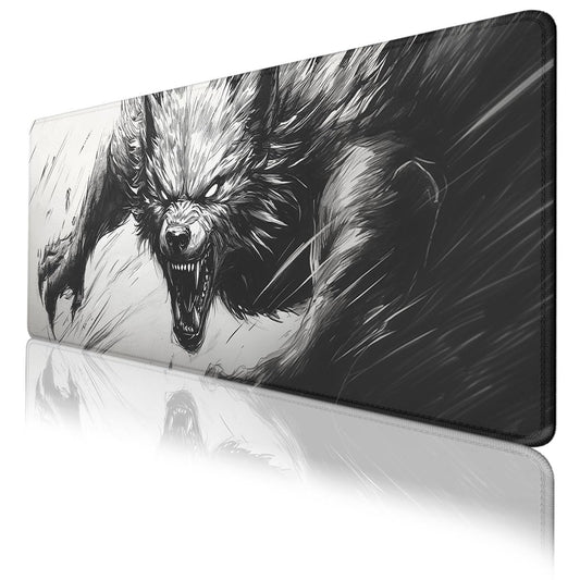 Werewolf Mouse Pad Wolf Howling Fantasy Black White Anime Extended Mousepad Waterproof Stitched Edges Rubber Base Non-Slip Deskmap Computer Keyboard Mat 31.5x11.8 in