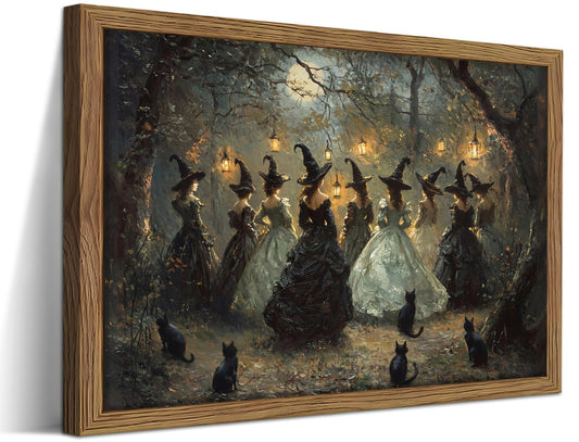 Framed Vintage Halloween Witches Wall Art, Dark Academia Gothic Black Cat Painting Canvas Prints, Halloween Wall Decor, Coven of Witches Dancing Scene Forest Poster for Living Room 8x10in