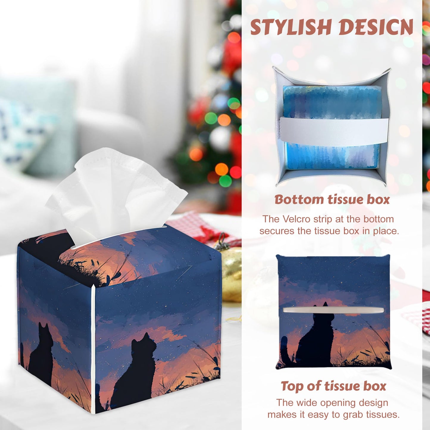 Starry Night Sky Cat Tissue Box Holder, Leather Tissue Box Cover Square, Paper Facial Decorative Tissues Cover for Bathroom Home Car Nightstand Vanity Desk, 2 Pcs