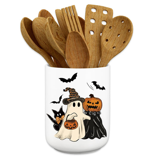 JarThenaAMCS Halloween Ceramic Utensil Holder Vintage Pumpkin Ghost Utensil Crock with Uv Sticker Pattern for Home Kitchen Countertop Storage Organizer Container