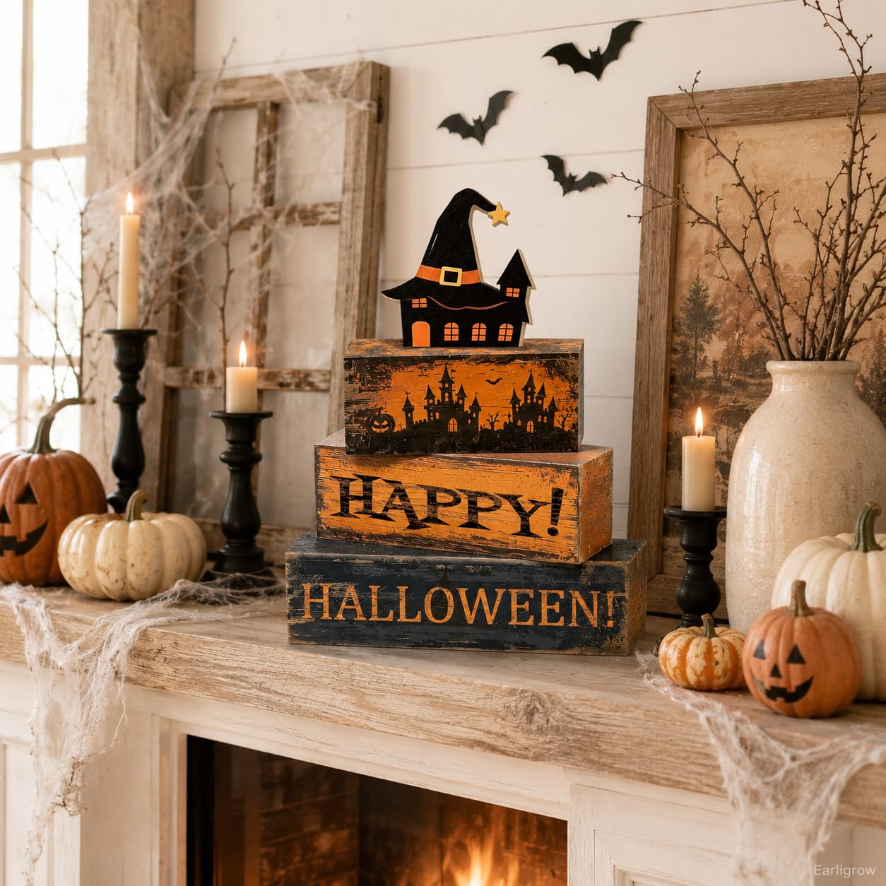 4 Pcs Halloween Table Decorations Distressed Rustic Farmhouse Tiered Tray Decor Stackable Wooden Block Signs with Hat haunted House Topper, Happy Halloween Tabletop Centerpiece for Home Kitchen Office Mantel Shelf Party