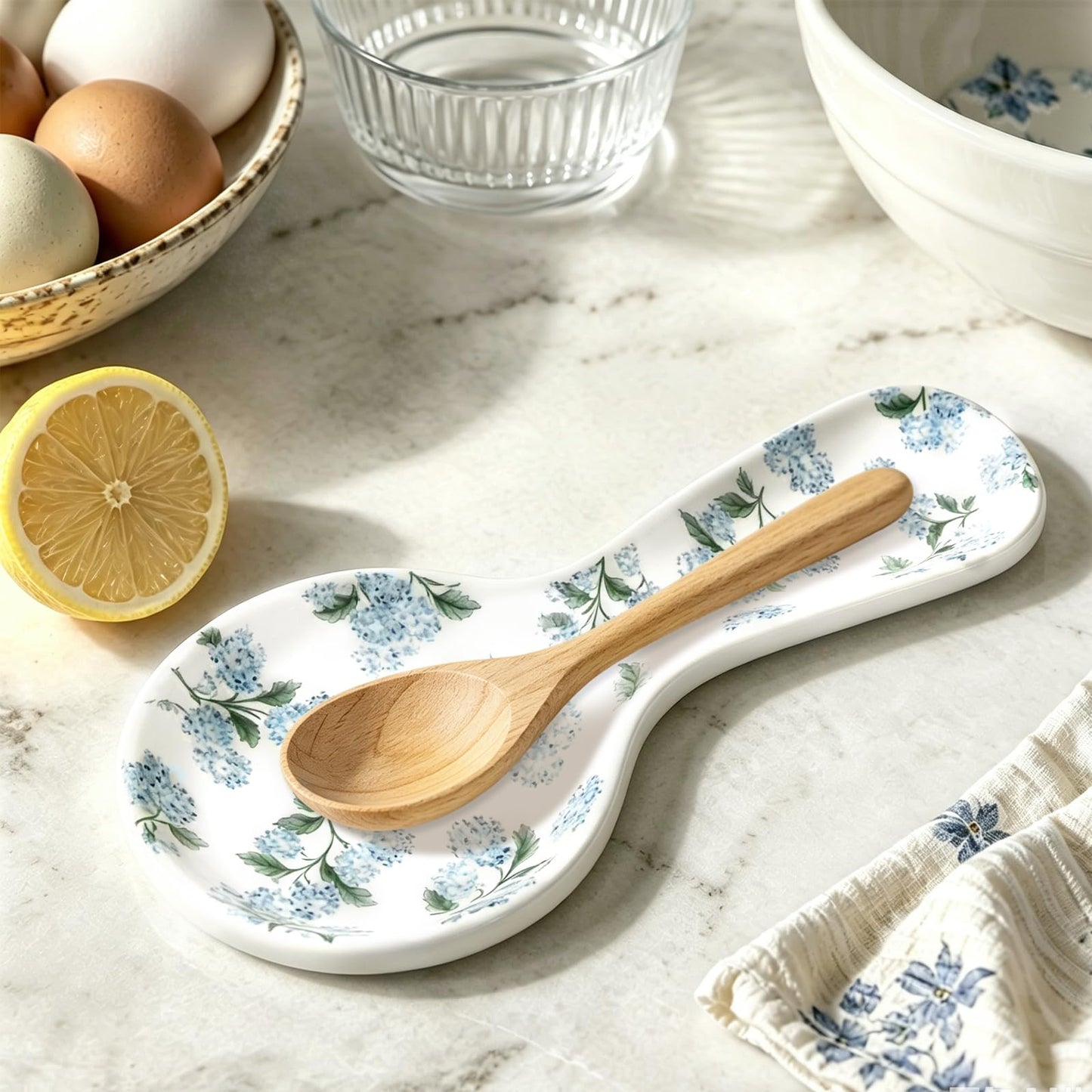 Whaline 9.4 Inch Hydrangea Spoon Rest Blue Flower Spoon Holder Floral Ceramic Utensil Holder for Summer Stove Top Rustic Kitchen Counter Decor