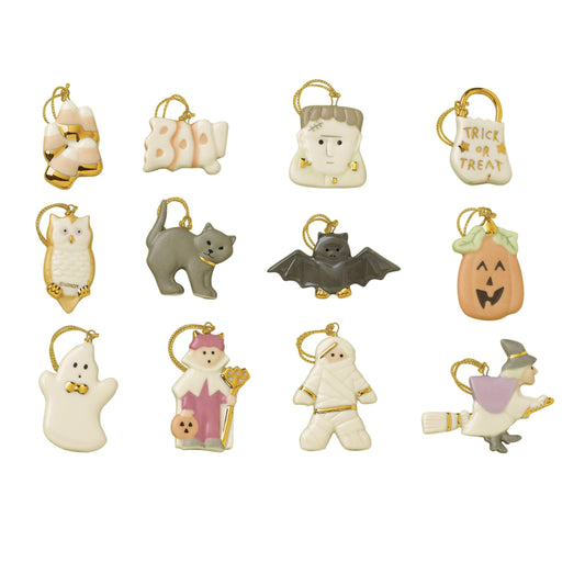 Lenox Trick Or Treat 12-Piece Porcelain Ornament Set, Hand-Painted, Halloween Decor Indoor, Spooky Halloween Table Decorations, Frankenstein, Ghost, Witch, Mummy, Owl,Fall Decor for Home(12 Ornaments)