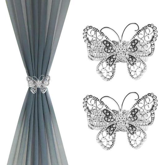 Chinflly Silver Butterfly Curtain Tiebacks No-Drill Modern Metal Curtain Holdbacks Easy to Install for Rental House Dorm Present Elegant Home Decor, 2 Packs