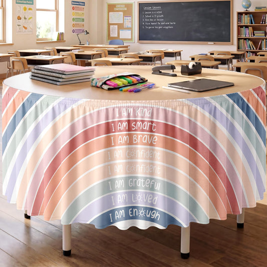 Breling 14 ft Boho Desk Skirt for Teacher Table Cloths Colorful Positive Rainbow Classroom Decor Kidney Shaped Table Cover Skirt for Classroom Kindergarten Office Back to School Supplies