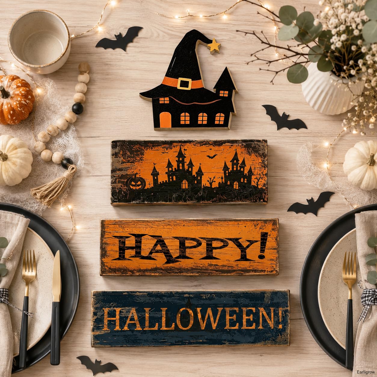 4 Pcs Halloween Table Decorations Distressed Rustic Farmhouse Tiered Tray Decor Stackable Wooden Block Signs with Hat haunted House Topper, Happy Halloween Tabletop Centerpiece for Home Kitchen Office Mantel Shelf Party