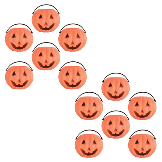 Beistle Mini Plastic Pumpkin Buckets – 12 Pack, Small Orange Jack-O’-Lantern Pails with Handles, Halloween Candy Containers & Tabletop Décor, Trick-or-Treat Accessories for Haunted House, 3" x 2¾"