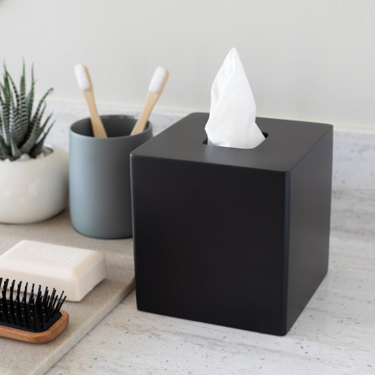 Yew Design Matte Black Square Tissue Box Cover, Decorative Tissue Box Dispenser for Bathroom, Parlors, Office, Bedroom Dresser, Vanity Countertop, Nightstand, Car, and Desk