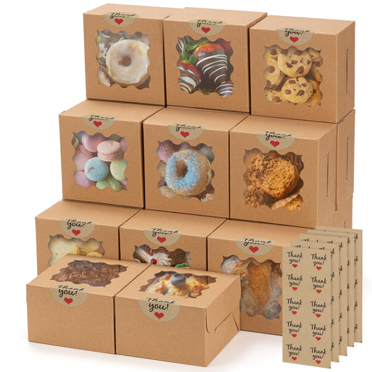 Norxziore 50pcs Brown Cookie Boxes with Window, 4x4x2.5 Inches Small Treat Boxes, Kraft Grease-proof Film Paper Bakery Boxes, Pastry Boxes for Dessert, Strawberries, Cupcake, Valentine, Gift Giving