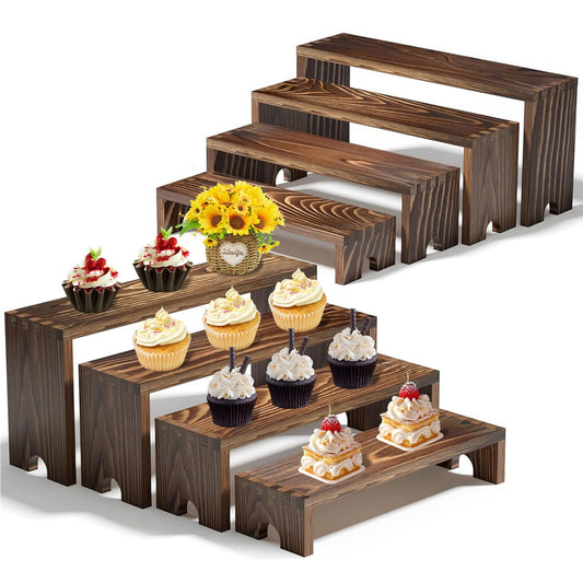 YUZUKYAUY Large 2 Set Stackable Wooden Cupcake Stand Tiered Riser Display Stands for Vendor Events Vendor Booth Display Items Farmhouse Decor Wood Dessert Table Display Set (Dark Brown, 2Pack)