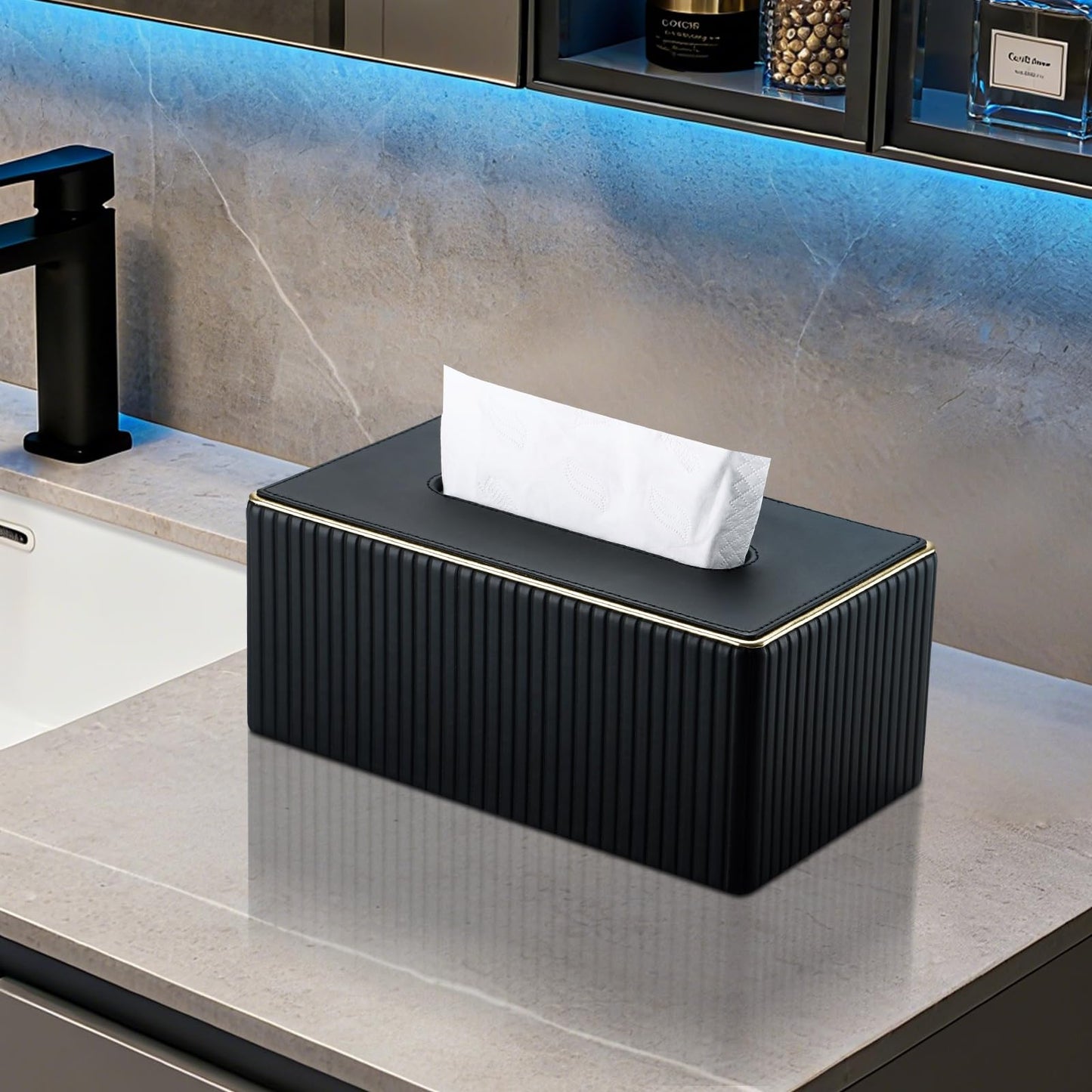 KINGFOM Rectangular Tissue Box Cover, PU Leather Tissue Box Holder with Magnetic Bottom, Napkin & Facial Tissue Holder Dispenser Decorative Box Cover for 120-count (3-Ply) 160-count (2-Ply) Black