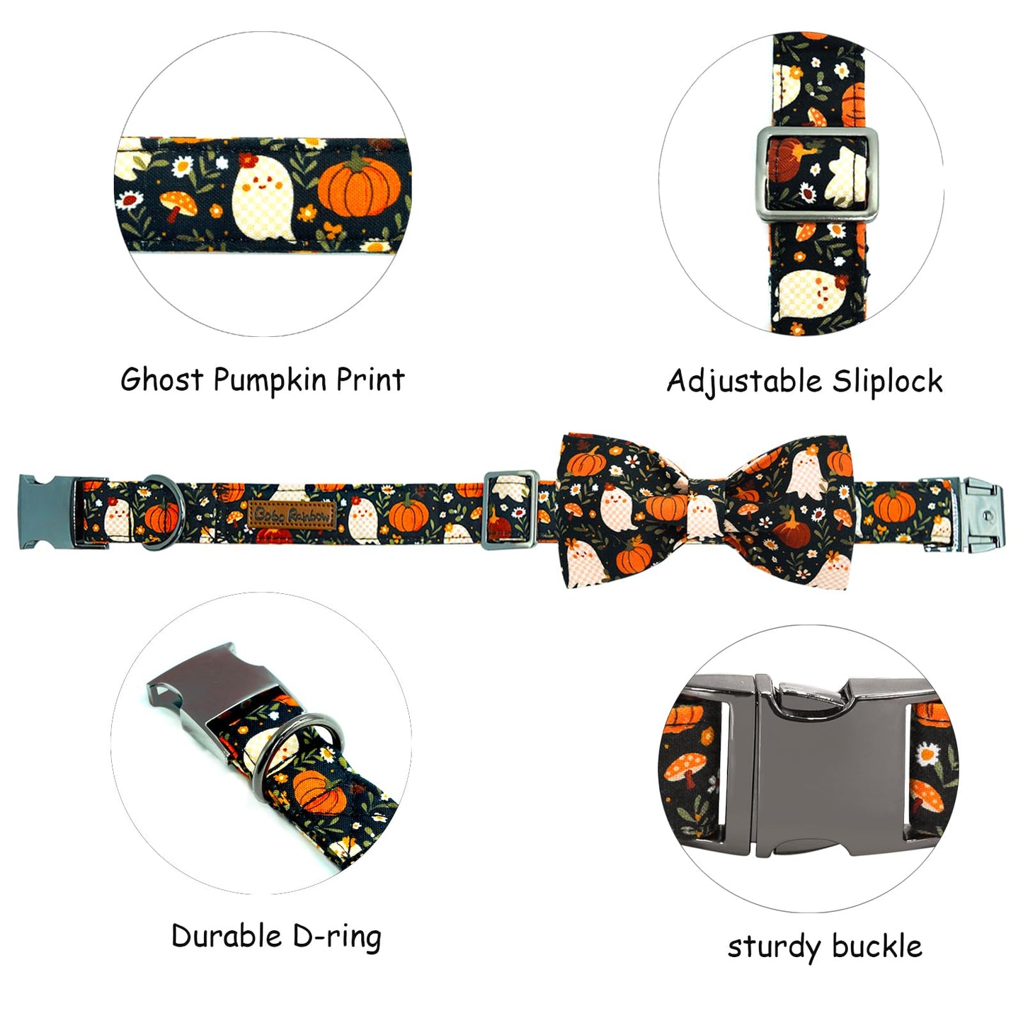 Bobo Rainbow Halloween Dog Collar, Ghost Print Adjustable Pet Collar Fall Pumpkin Cute Cotton Soft Collars with Bow Tie Fall Metal Buckle Holiday Puppy Collars Boy&Girl Gift for X-Small Dogs