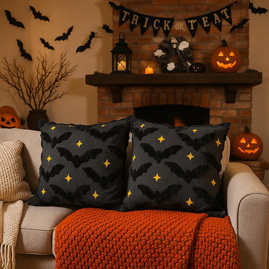 QIONG MENG Halloween Pillow Covers 18x18 Inch Set of 2 Black Bat Halloween Throw Pillow Covers Holiday Farmhouse Pillowcase Couch Cushion Case for Indoor Outdoor Home Sofa Decor