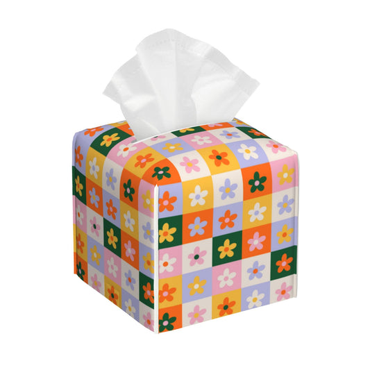 OHEGBXE Hippie Retro Vintage Flowers Tissue Box Cover Square, Tissue Box Holder Leather Facial Paper Case Decorative Organizer Holder Dispenser Home Office Car Decor