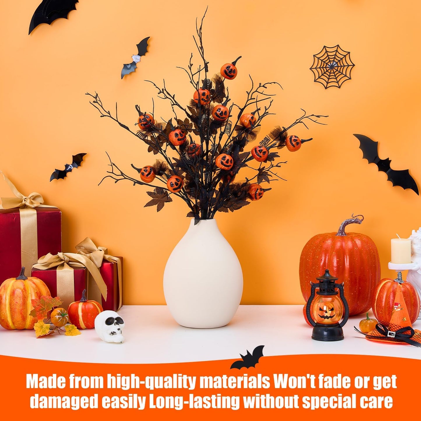 Sherika 5PCS Halloween Decorations Indoor, 19.5Inch Artificial Pumpkin Maple Leaf Floral Stems Halloween Branches Decoration, for Home Vase Arrangement Decor - Black.