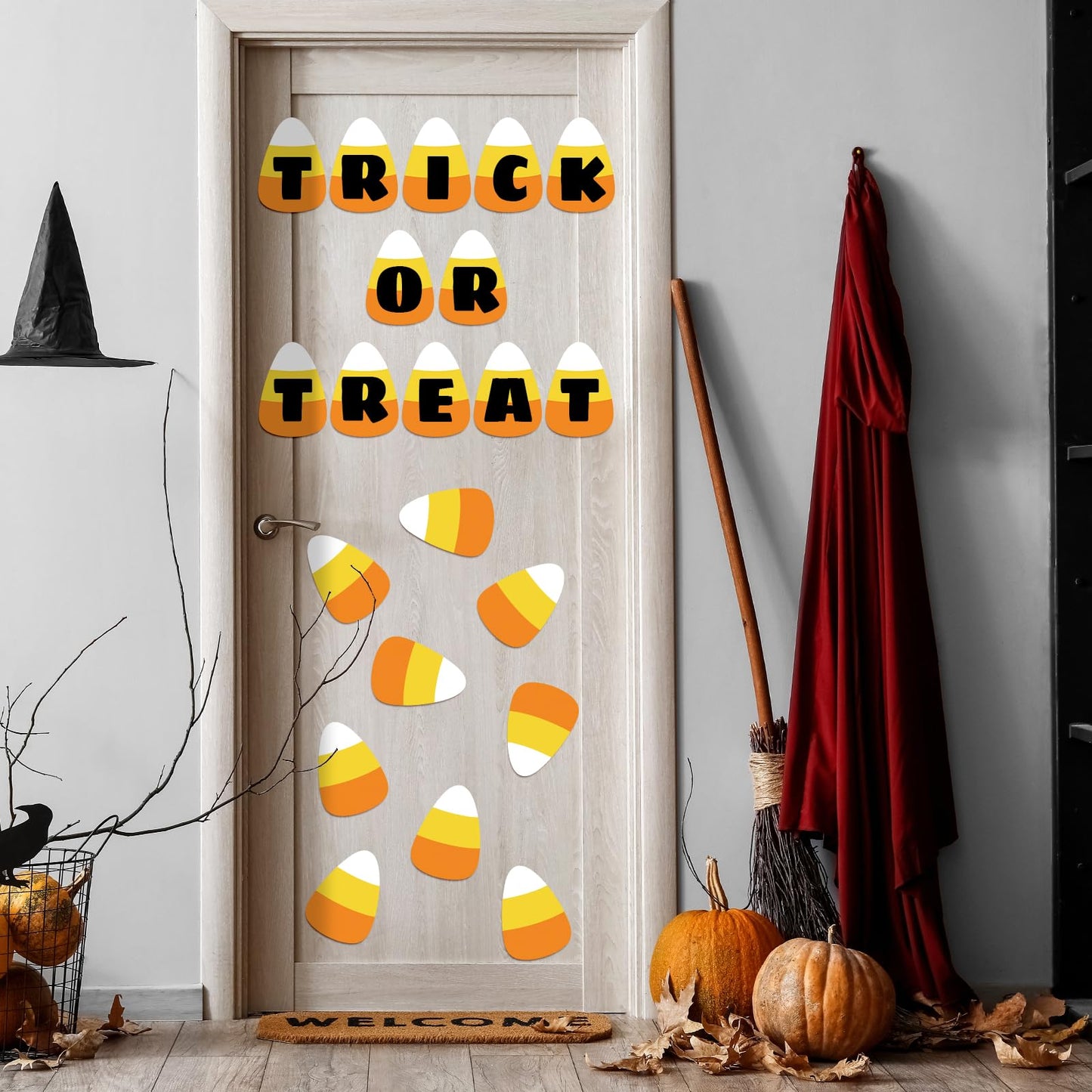JarThenaAMCS 50Pcs Halloween Cutouts Candy Corn Paper Cut-Outs Halloween Candy Corn Bulletin Board Decor with 100Pcs Glue Points for DIY Art Craft Wall Home Classroom School Party