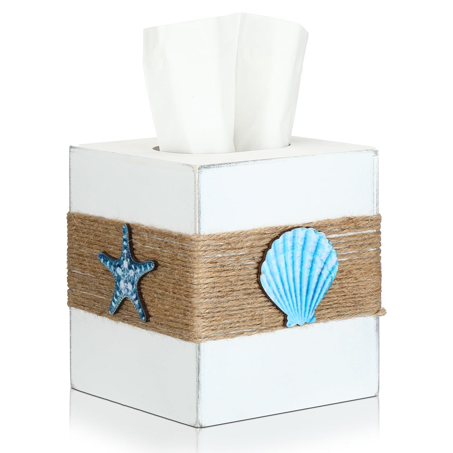 Threehoney Wood Tissue Box Cover Square Beach Farmhouse Bathroom Accessories Conch Starfish White Tissue Box Holder with Slide Out Bottom Rustic Ocean Room Decor Coastal Napkin Holder