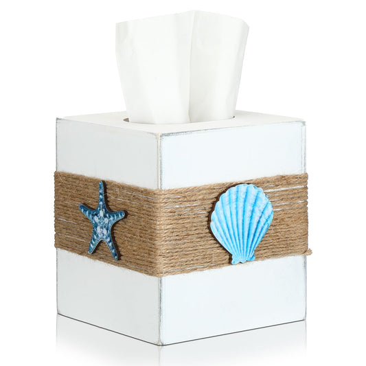 Threehoney Wood Tissue Box Cover Square Beach Farmhouse Bathroom Accessories Conch Starfish White Tissue Box Holder with Slide Out Bottom Rustic Ocean Room Decor Coastal Napkin Holder