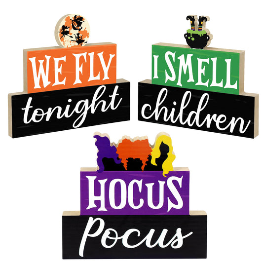 Halloween Decorations Indoor, 3 PCS Halloween Wooden Table Sign Decor, Hocus Pocus Table Centerpiece for Mantle Shelf Tiered Tray, Farmhouse I Smell Children & We Fly Tonight Halloween Wooden Signs