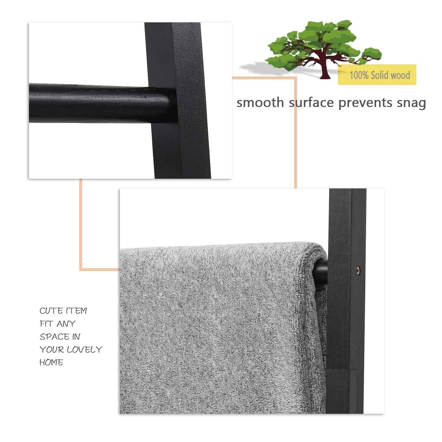 FUIN 6ft Wooden Black Blanket Ladder Living Room Decorative Wall Leaning Farmhouse Quilt Display Holder Rustic Wood Towel Rack for Bathroom