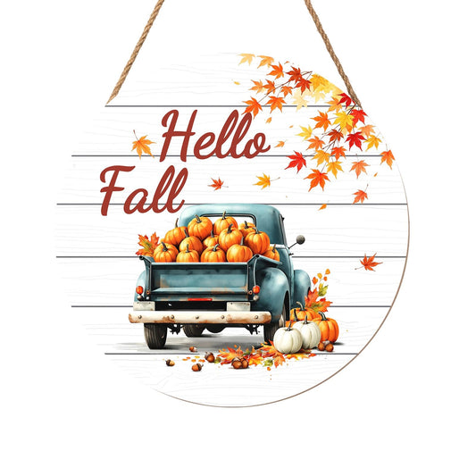 Hello Fall Wreath for Front Door Fall Truck Welcome Door Sign 12x12 Inch Autumn Maple Leaf Pumpkin Wood Door Hanger Farmhouse Thanksgiving Hanging Plaque for Home Porch Wall Indoor Outdoor Decorations