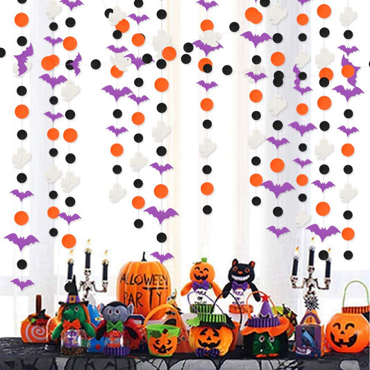 39Ft Halloween Party Decoration Garland Streamers Purple Bat White Ghost Black Orange Circle Dot Hanging Paper Banner Bunting for Halloween All Hallows Eve Birthday Home Fireplace Decor Supplies